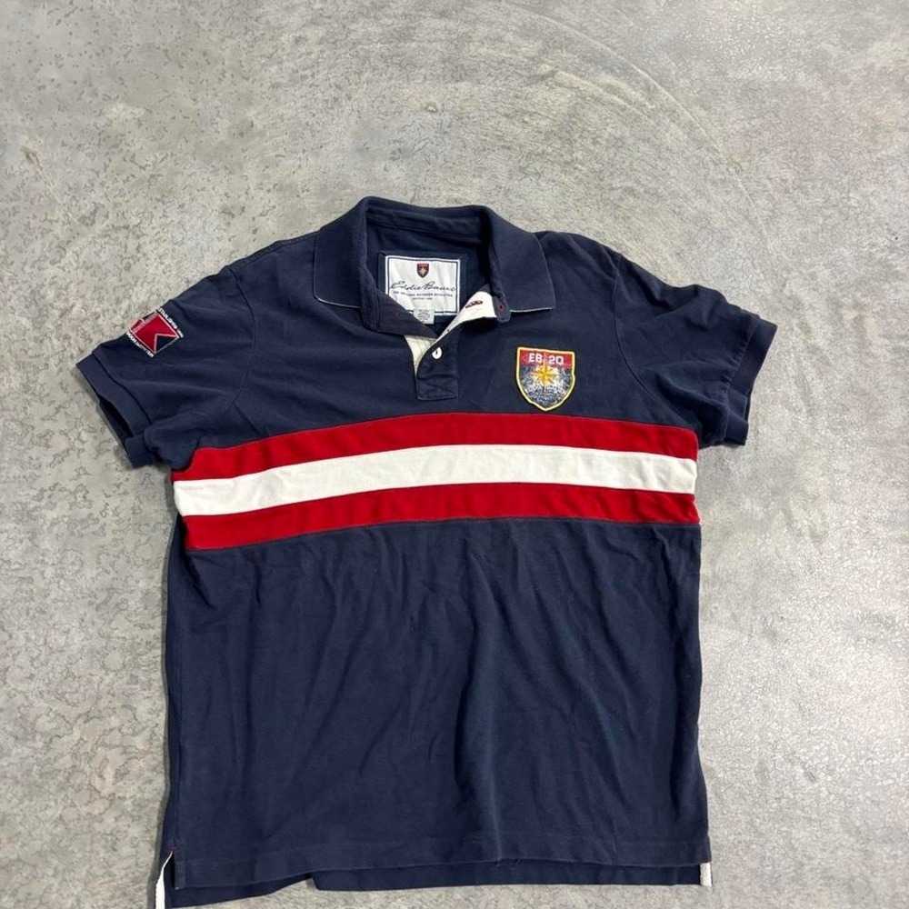 Eddie Bauer Navy Blue Polo Red & White Striped Preppy Short Sleeve Mens Large